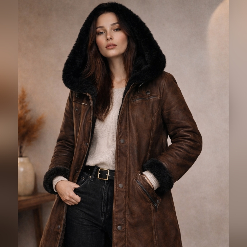 Vintage Brown LEATHER coat With Real Fur Hoodie